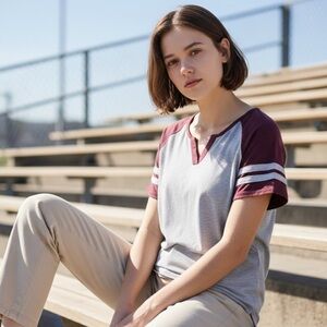 Women’s Short Sleeve T-Shirt Varsity Heather Gray/Burgundy/White Size-Medium NWT